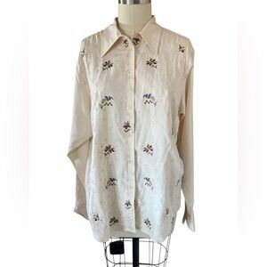 Cambridge Dry Goods Ivory Silk Floral Embroidered Blouse, Sz M, NWT